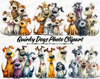 May include: A collection of whimsical dog illustrations in various breeds and poses. The dogs are depicted with expressive faces and vibrant colors, some wearing accessories. The text "Quirky Dogs Photo Clipart" is displayed below the illustrations.