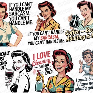 Rolig retro hemmafru PNG-paket | 40 sarkastiska vintage clipart-designer för sublimering | Kommersiell t-shirtdesign digital nedladdning bild 6