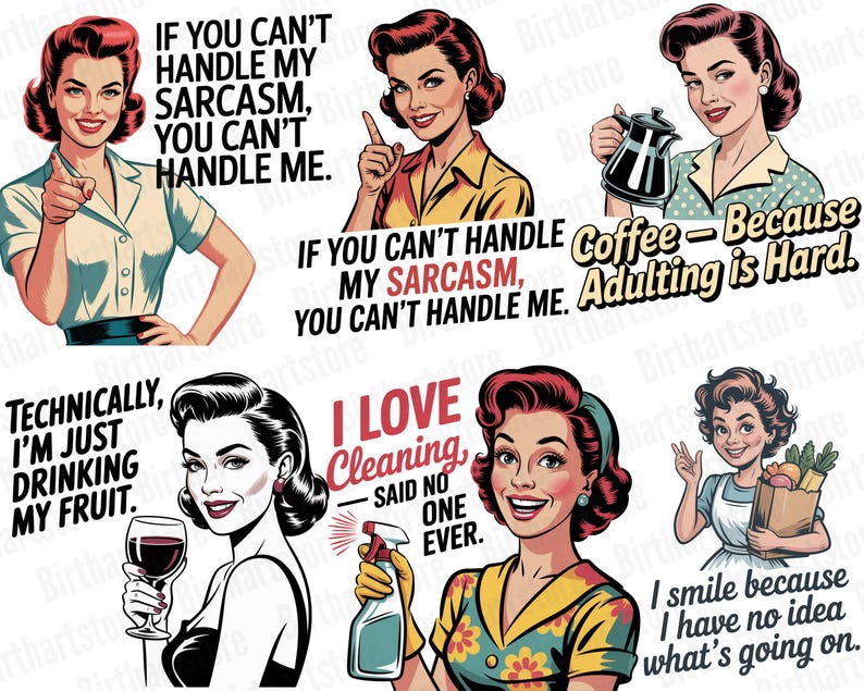 Rolig retro hemmafru PNG-paket | 40 sarkastiska vintage clipart-designer för sublimering | Kommersiell t-shirtdesign digital nedladdning bild 6