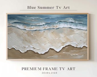 4K フレーム TV アート、ホワイト ビーチのビンテージ油絵、夏の海岸の