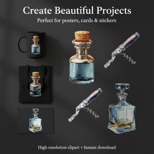 May include: A collection of watercolor illustrations featuring a black mug, tote bag, and card with a blue potion bottle design. Also included are two corkscrews and a decanter. The text reads "Create Beautiful Projects" and "High-resolution clipart".