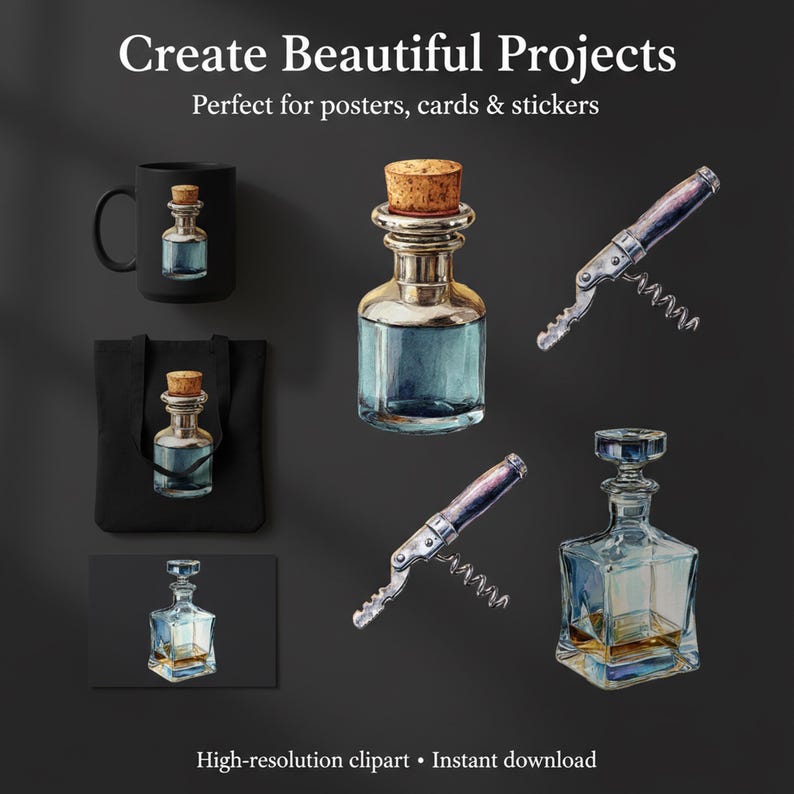 May include: A collection of watercolor illustrations featuring a black mug, tote bag, and card with a blue potion bottle design. Also included are two corkscrews and a decanter. The text reads "Create Beautiful Projects" and "High-resolution clipart".