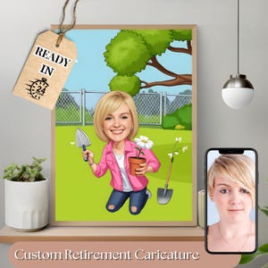 Caricatura di donna in pensione, ritratto di cartone animato personalizzato per la pensione, regalo di pensionamento unico, regalo di cartone animato personalizzato, arte di pensionamento personalizzata