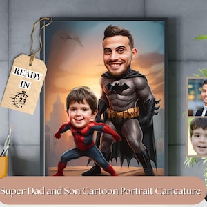 Caricatura de super-herói, retrato de desenho animado de família personalizado, caricatura de pai e filhos, superpai, retrato de família de super-herói, presente para pai super-herói