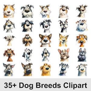 Puede incluir: Ilustraciones en acuarela de diversas razas de perros, cada una con expresiones y patrones de pelaje únicos. La imagen incluye el texto "35+ Dog Breeds Clipart" en la parte inferior, ideal para diseños temáticos de mascotas.