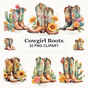 Cowgirl Boots Clipart-paket, 32 akvarell västerländska blommor PNG, Boho Boots med blommor, kaktusar och suckulenter
