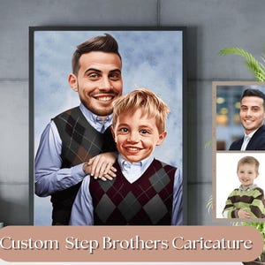 Karikatuurportret stiefbroers, gepersonaliseerd portret huisdier en eigenaar, aangepaste stiefbroerfamilie, familieportret met huisdieren, cadeau huisdiereigenaar