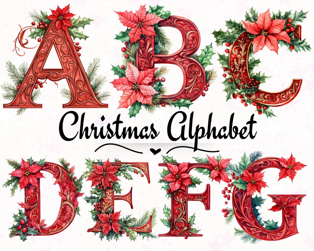 Christmas Alphabet Clipart, Festive Winter Holiday Alphabet Sublimation ...