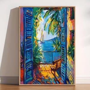 May include: A framed, colorful painting depicts a vibrant coastal scene. The artwork showcases a view through blue shutters, revealing a bright blue sea, sailboats, and lush green palm trees. The painting uses bold brushstrokes and a warm color palette.