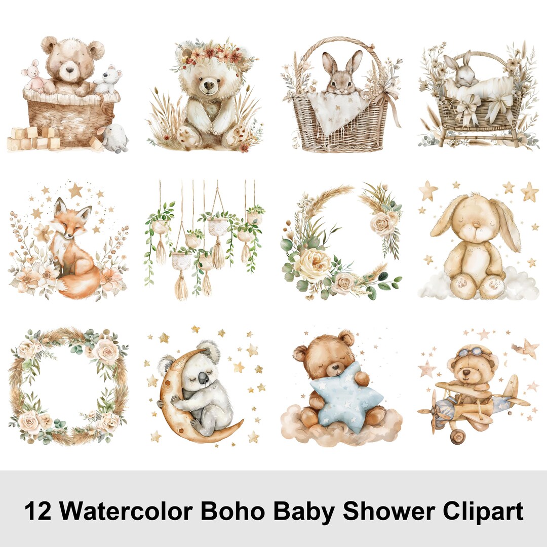 Boho Baby Shower Clipart PNG Bundle • Neutral Hand Drawn Baby Shower ...