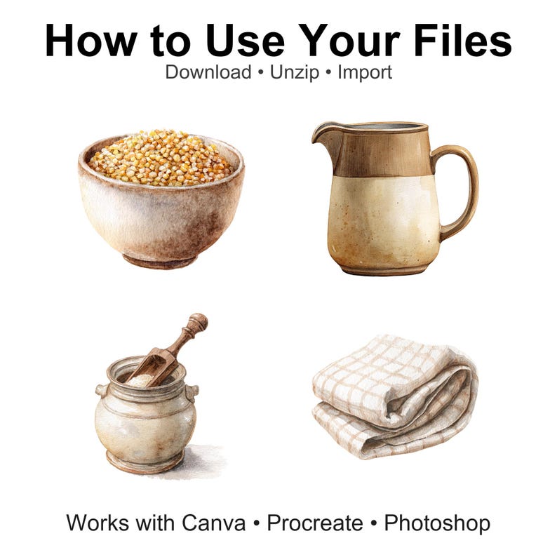 以下が含まれることがあります： 「How to Use Your Files」のテキストが入った水彩イラスト。穀物が入ったボウル、ピッチャー、スプーン付きの小さな瓶、折りたたまれたチェック柄の布が含まれています。下部のテキストは「Works with Canva &bull; Procreate &bull; Photoshop」と書かれています。
