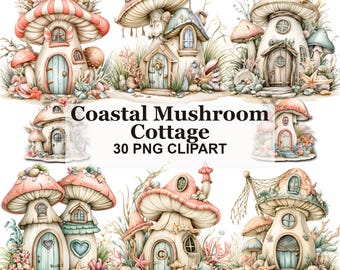 Coastal Mushroom Cottage Clipart Bundle, Watercolor Beach Fairy House PNG, Seashell Starfish Graphics for Stickers Invitations
