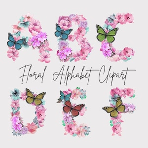 Clipart alfabeto floreale, Clipart alfabeto rosa, Grafica alfabeto floreale acquerello, Alfabeto floreale primaverile, Lettering alfabetico floreale