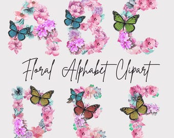 Alfabeto floral, alfabeto rosa, acuarela, primavera, letras florales