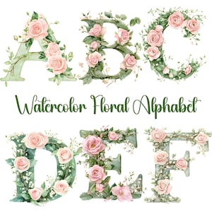Clipart alphabet floral, lot de cliparts, clipart collection alphabet floral aquarelle, alphabet floral printanier, lettres florales de A-Z