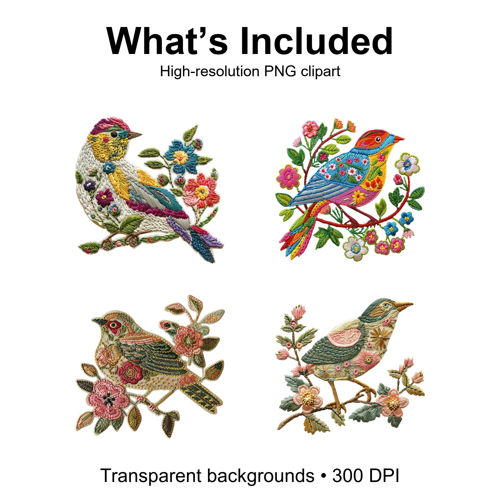 50 Embroidered Spring Bird Clipart PNG Bundle | Floral Birds Embroidery ...