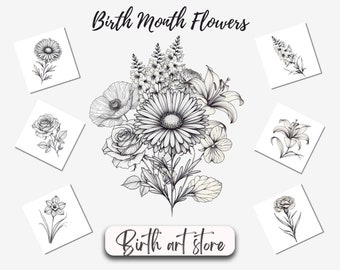 Birth Flower Bouquet Tattoo Design, Birth Month Flowers, Bouquet Digital Template, Custom Birth Flower Print, Floral Design, Birthday Flower