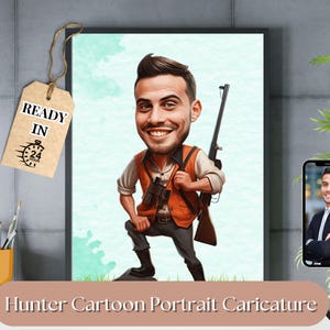 Hunter Caricature, Hunter Gift Custom Portrait, Funny Caricature Drawing, Custom Hunter Art Print, Male Hunter Cartoon, Hunter Drawing Gift