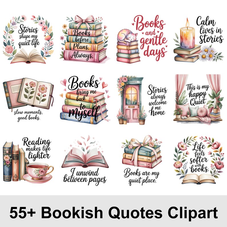55 Bookish Clipart PNG Bundle, Cozy Reading Girl Clipart, Book Lover ...