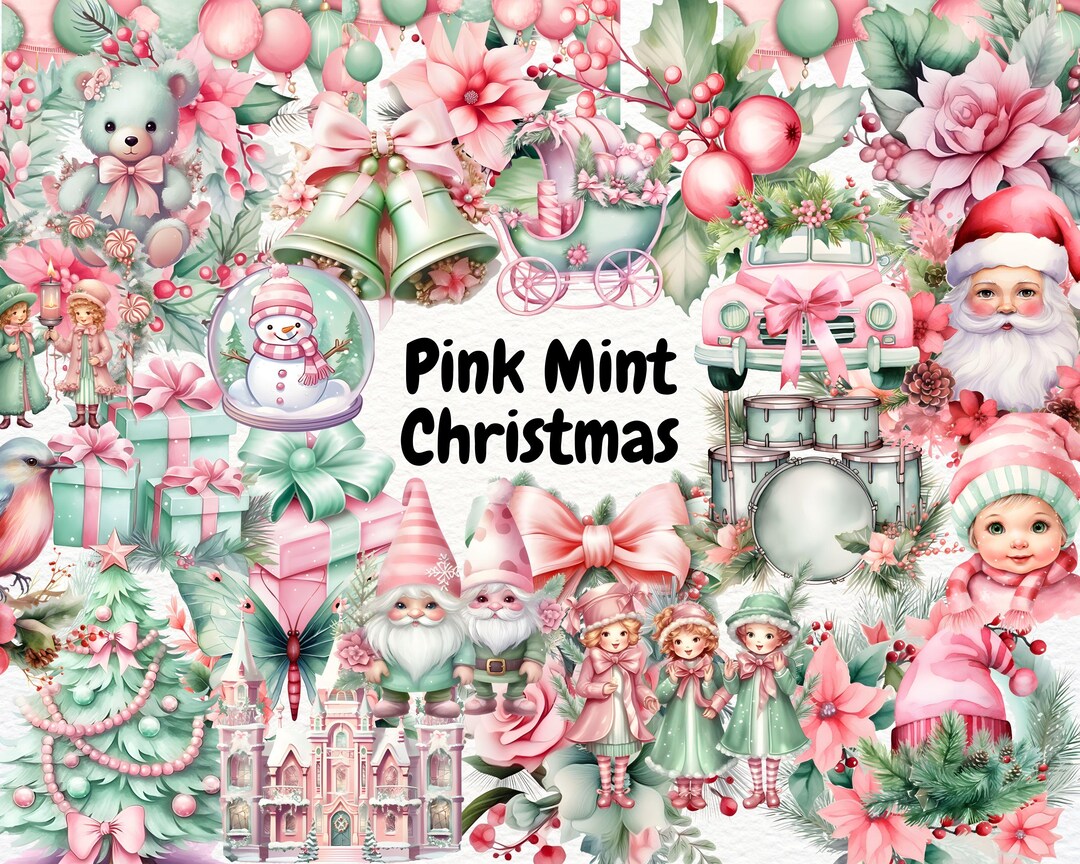 Vintage Christmas Clipart - Pink Mint Christmas Clipart, Retro Pastel ...