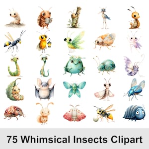 May include: A collection of 25 whimsical insect clipart illustrations. The watercolor images feature various insects, including butterflies, beetles, and caterpillars, in a variety of colors. The text at the bottom reads "75 Whimsical Insects Clipart."