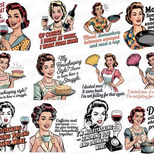 Rolig retro hemmafru PNG-paket | 40 sarkastiska vintage clipart-designer för sublimering | Kommersiell t-shirtdesign digital nedladdning bild 5