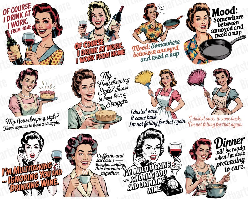 Rolig retro hemmafru PNG-paket | 40 sarkastiska vintage clipart-designer för sublimering | Kommersiell t-shirtdesign digital nedladdning bild 5