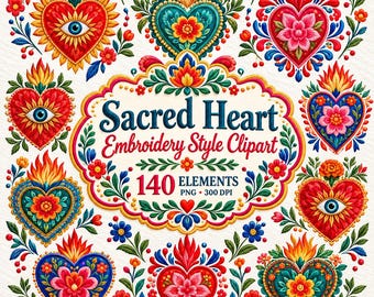 135 Sacred Heart Clipart PNG, Mexican Milagro Hearts, Embroidery Style Folk Art
