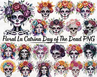 La Catrina Clipart, 75 Day of the Dead PNG Designs, Floral Dia de los Muertos Graphics for Sublimation, Commercial Use, Instant Download