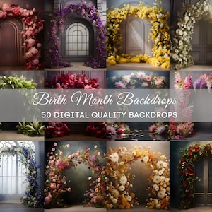 Mês de nascimento Cenários com moldura de flores I Cenário de maternidade I Cenário de aniversário I Adereços para recém-nascidos I Cenários florais I Studio, sobreposições de Photoshop