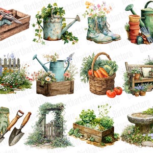 May include: Watercolor illustrations of gardening tools and elements. Includes a wooden crate with gloves and shears, a blue watering can with greenery, and a pair of boots filled with flowers. Also shown are a basket of vegetables, a garden bench, and a bird bath.