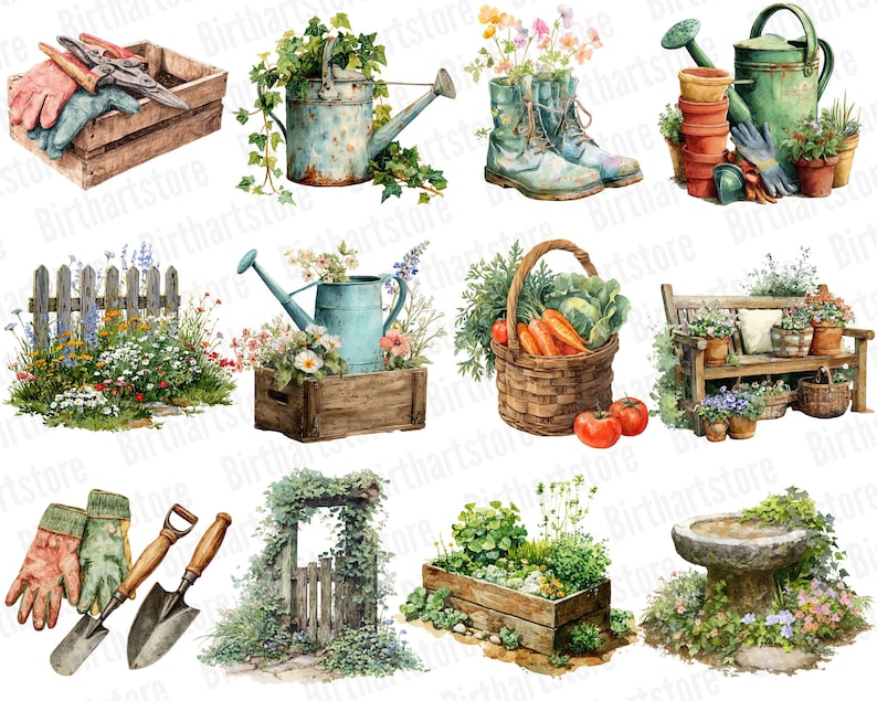 May include: Watercolor illustrations of gardening tools and elements. Includes a wooden crate with gloves and shears, a blue watering can with greenery, and a pair of boots filled with flowers. Also shown are a basket of vegetables, a garden bench, and a bird bath.