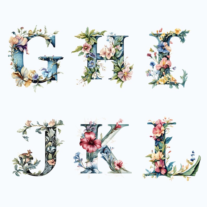 Floral Alphabet PNG Clipart Bundle, Watercolor Letters, Vintage ...