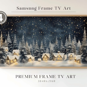 May include: A digital art print for a Samsung Frame TV. The artwork depicts a winter scene with snow-covered cabins nestled among snow-laden evergreen trees under a starry night sky. The text "Samsung Frame TV Art" and "Premium Frame TV Art" are visible.