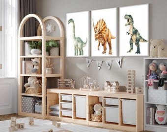 Dinosaurus kinderkamerprints, afdrukbare dinosauruskunst voor kinderen, kinderkamer dinosaurus avontuur prints, dinosaurus muurposters set van 3, dinosaurus kamer kunst aan de muur