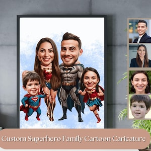 Familien-Superheldenporträt, Familienporträt im Cartoon-Stil, Karikatur vom Foto, digitale Karikatur Familienkunst, einzigartiges Familiengeschenk, Familiengeschenk