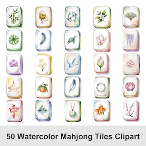 May include: A collection of 50 watercolor Mahjong tiles, each with unique illustrations. The tiles feature various designs, including flowers, animals, and symbols, with a soft, artistic aesthetic. The text "50 Watercolor Mahjong Tiles Clipart" is at the bottom.