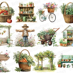 May include: Watercolor illustrations of garden scenes. A basket of vegetables, a potting bench, a bicycle with a basket of flowers, and a basket of herbs are shown. Other images include a swing, a scarecrow, a wheelbarrow, a greenhouse, a sign, a basket of carrots, a pergola, and a bench.