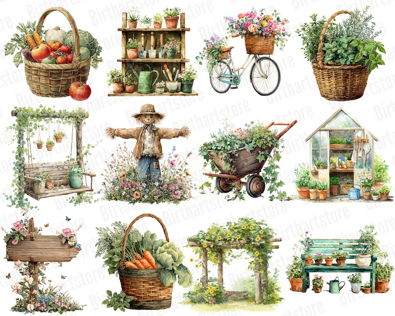 May include: Watercolor illustrations of garden scenes. A basket of vegetables, a potting bench, a bicycle with a basket of flowers, and a basket of herbs are shown. Other images include a swing, a scarecrow, a wheelbarrow, a greenhouse, a sign, a basket of carrots, a pergola, and a bench.