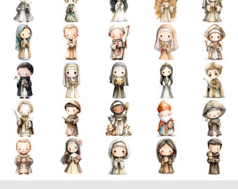 Könnte beinhalten: Eine Sammlung von Aquarell-Clipart mit verschiedenen Heiligen in unterschiedlichen Outfits und Posen. Die Illustrationen sind im niedlichen Cartoon-Stil mit sanften Farben und Details gehalten. Der Text unten lautet "95+ Watercolor Saints Clipart."