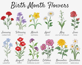 Birth Month Flower Embroidery Style Clipart, Birth Flower Embroidery Patterns PNG, Antique Floral, Flower Bouquet Graphic, Birthday Flower