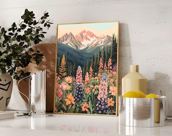 Impresión artística de flores silvestres de montaña, campo de flores al atardecer en tonos rosa y naranja, decoración floral vibrante para pared, arte natural digital descargable
