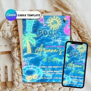 May include: A pool party invitation template with a vibrant neon design. The invitation features the text "Pool Party" and "Ariana's 30th Birthday". The design includes a flamingo, sunglasses, and a palm tree. A smartphone displays the same invitation.