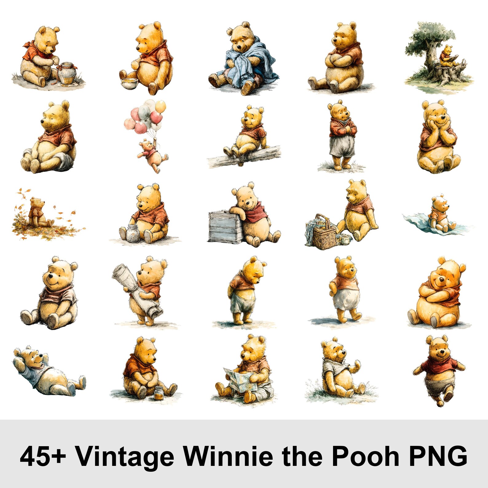 Modern Pooh Graphics Vintage Winnie the Pooh Clipart • 45 Classic Pooh Graphics for Nursery ...