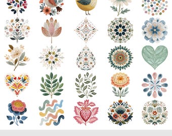 May include: A collection of 60+ folk art clipart images featuring floral designs, birds, and decorative patterns. The illustrations are in a watercolor style with a variety of colors, including blues, pinks, and greens. Text at the bottom reads "60+ Folk Art Clipart."