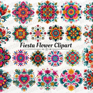 May include: A collection of colorful, floral clipart designs in a variety of shapes. The designs feature vibrant colors like turquoise, pink, orange, and yellow. The text "Fiesta Flower Clipart" is displayed in the center of the image.