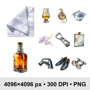 May include: Watercolor illustration of various gentleman's accessories, including a bottle of whiskey, a pocket watch, a flask, shoes, cufflinks, a bottle opener, and a napkin. The image also includes a glass of amber liquid and a small silver serving dish.