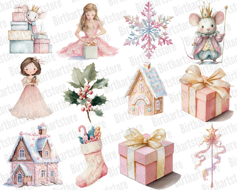 Fantasy nutcracker
Ballet dancer art
Pink Christmas theme
Pastel Christmas

Pink holiday decor

Candy cane clipart
Gingerbread man illustration
Christmas sweets
Snowflakes clipart
Christmas ornaments