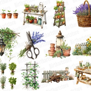 May include: Watercolor illustrations of gardening elements. The image features potted plants, a wooden potting table, a ladder shelf with plants, a basket of lavender, a lantern, a pair of scissors, and various herbs. The overall theme is gardening and botanical.