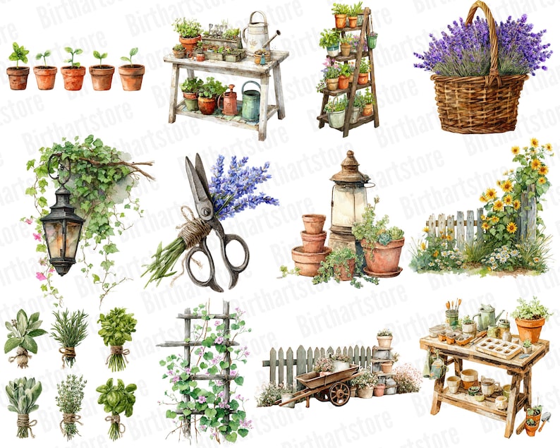 May include: Watercolor illustrations of gardening elements. The image features potted plants, a wooden potting table, a ladder shelf with plants, a basket of lavender, a lantern, a pair of scissors, and various herbs. The overall theme is gardening and botanical.